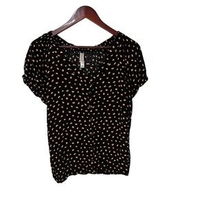 Warehouse one button up short sleeve top black with polka dots size large